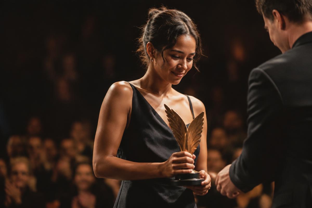 An emerging filmmaker receiving a sculptural award
