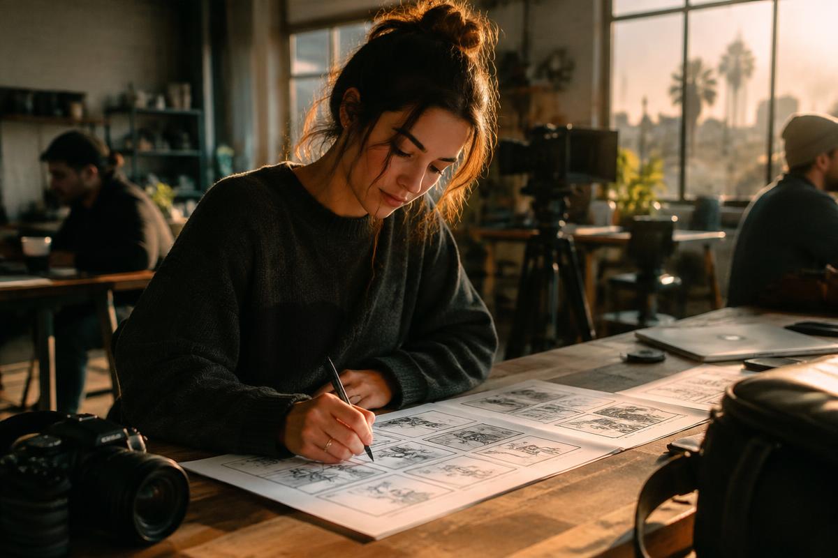 A filmmaker developing storyboards in a creative studio