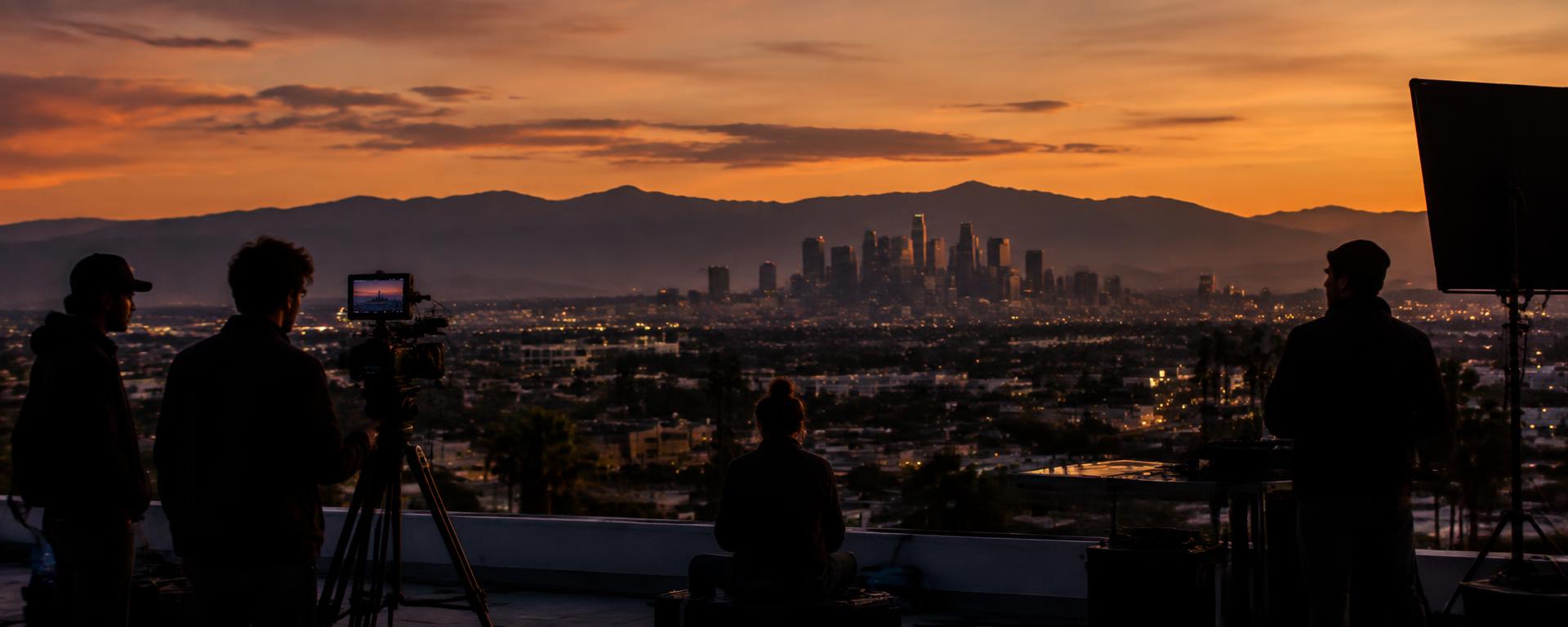 Filmmakers overlooking Los Angeles at dusk
