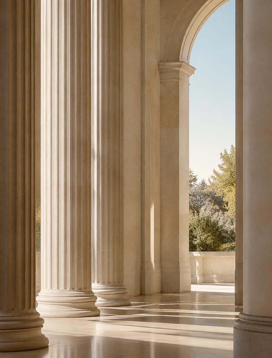 Classical columns opening toward sunlight
